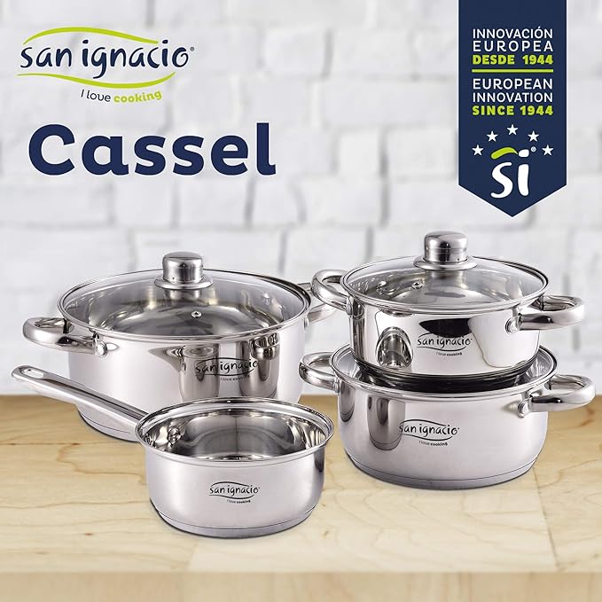 7-Piece Stainless Steel Battery: Saucepan Without lid Ø16 / saucepans with lid Ø18 / Ø20 and Ø24 (4.0L) and Set of 3 Pans Ø16/20/24 cm Pressed Aluminium