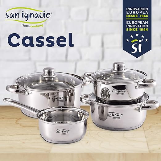 San Ignacio 7-Piece Cookware Set - Stainless Steel Includes 16 x 7.5 cm Casserole 18 x 8.5 cm Saucepan with Lid 20 x 9.5 cm Saucepan with Lid 24 x 11.5 cm Casserole with Lid