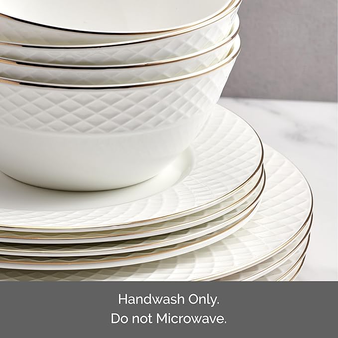 Mikasa Trellis Gold Rim Bone China Lightweight Chip Resistant 12 Piece Dinnerware Set Service for 4