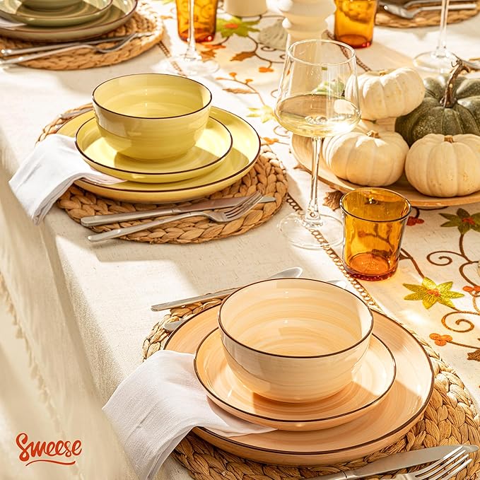 Sweese Plates and Bowls Sets 18 Piece Dinnerware Set Porcelain Round Dinner Set for 6 Scratch Resistant Dishes Set Dishwasher and Oven Microwave Safe Handpainted Swirl Dishware Sets Assorted Green