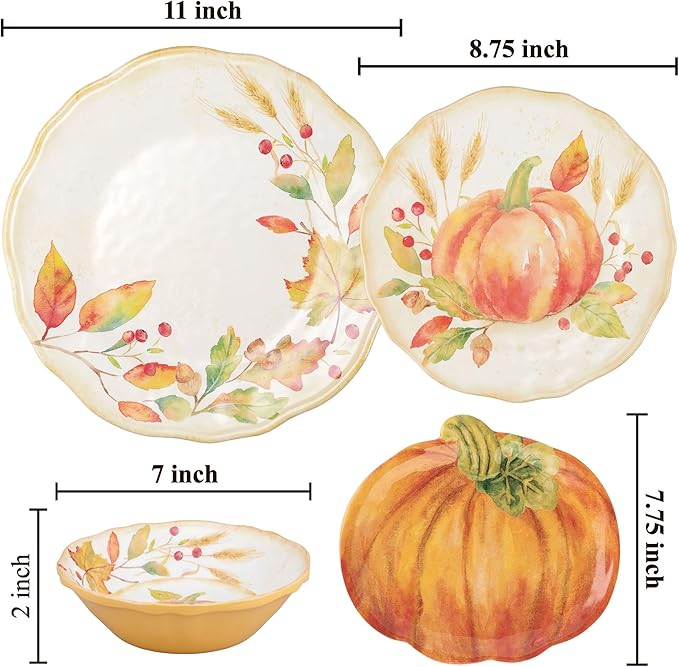 UPware 16 Piece Pumpkin Melamine Dinnerware Sets Outdoor Dishes Set Plates and Bowls Sets Autumn Thanksgiving Decorations Service for 4 Orange