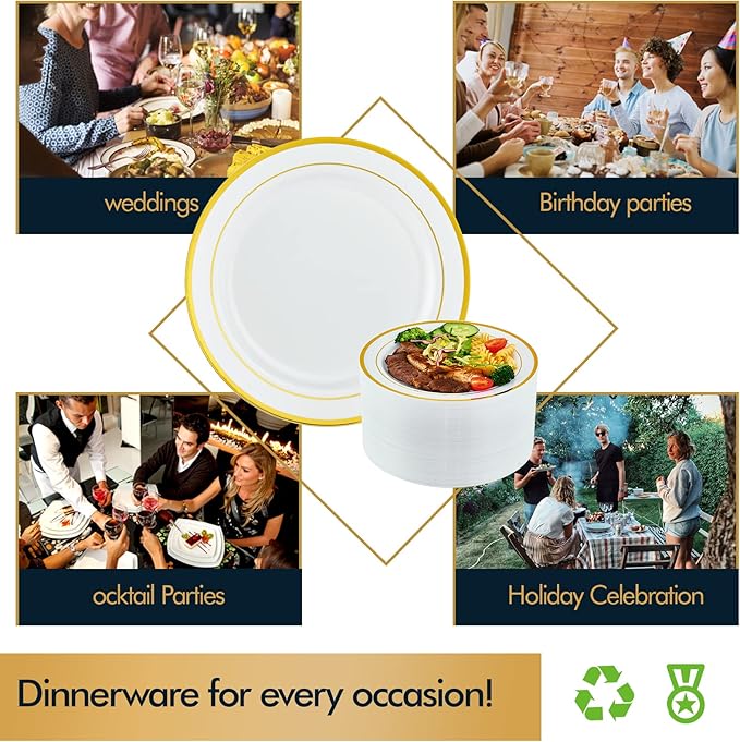 Vplus 100 Piece 10 Inch Gold Plastic Plates Disposable Heavy Duty White Elegant Durable Dinner Plastic Party Plates with Gold Rim Perfect for Party Christmas