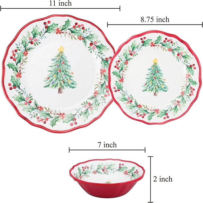 UPware 12 Piece Christmas Tree Melamine Dinnerware Sets Outdoor Dishes Set Plates and Bowls Sets Christmas Decorations Service for 4 Red