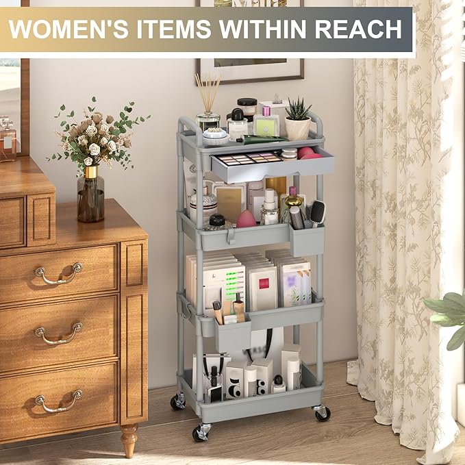Goovilla 4 Tier Rolling Utility Cart Organizer with Removable Drawer Stable and Sturdy Grey Rolling Storage Carts with 2 Lockable Wheels for Bathroom Kitchen Snack Craft Makeup Baby Essentials