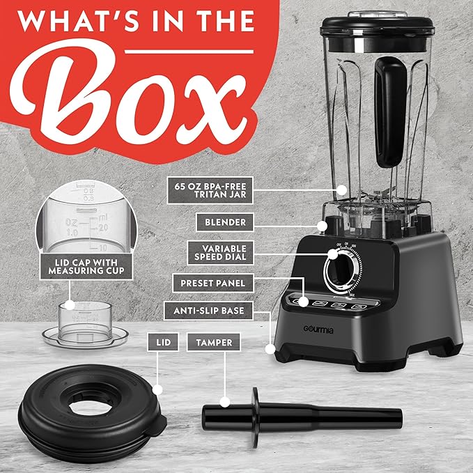 Gourmia Countertop Commercial Blender – 2L BPA-Free Pitcher 4 Presets 1500W High-Speed Motor 45000 RPM Variable Speed Dial Built-In Tamper Dishwasher-Safe Parts Black