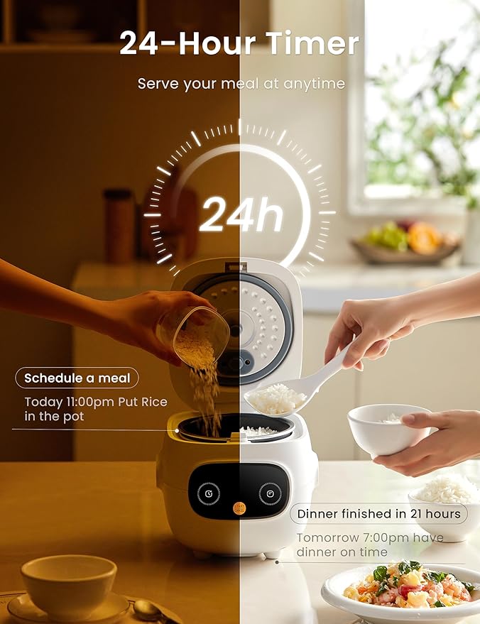COMFEE' Mini Rice Cooker 4 Cups Cooked/2 Cups Uncooked Portable Non-Stick rice maker 24 hours Timer Delay 6 Functions Fast Cooker Brown Rice Oatmeal White