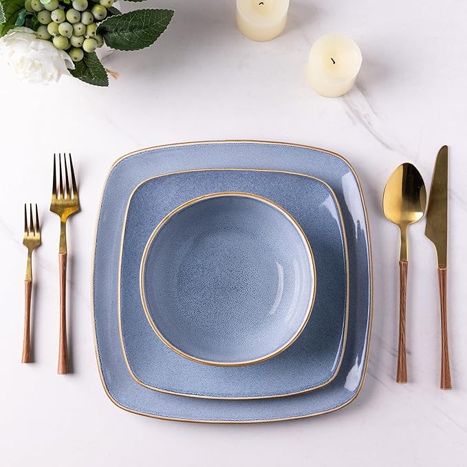 AmorArc Ceramic Dinnerware Sets for 4 12 Pieces Square Handpainted Plates and Bowls Set Chip and Scratch Resistant Stoneware Dishes Set Dishwasher &amp Microwave Safe Reactive Blue