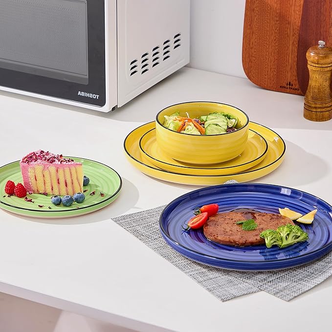 Bonita Dinnerware Sets 12 Pieces Blue Stoneware Dishes Set for 6 Plates Set and Bowls Sets Dishwasher and Microwave Safe