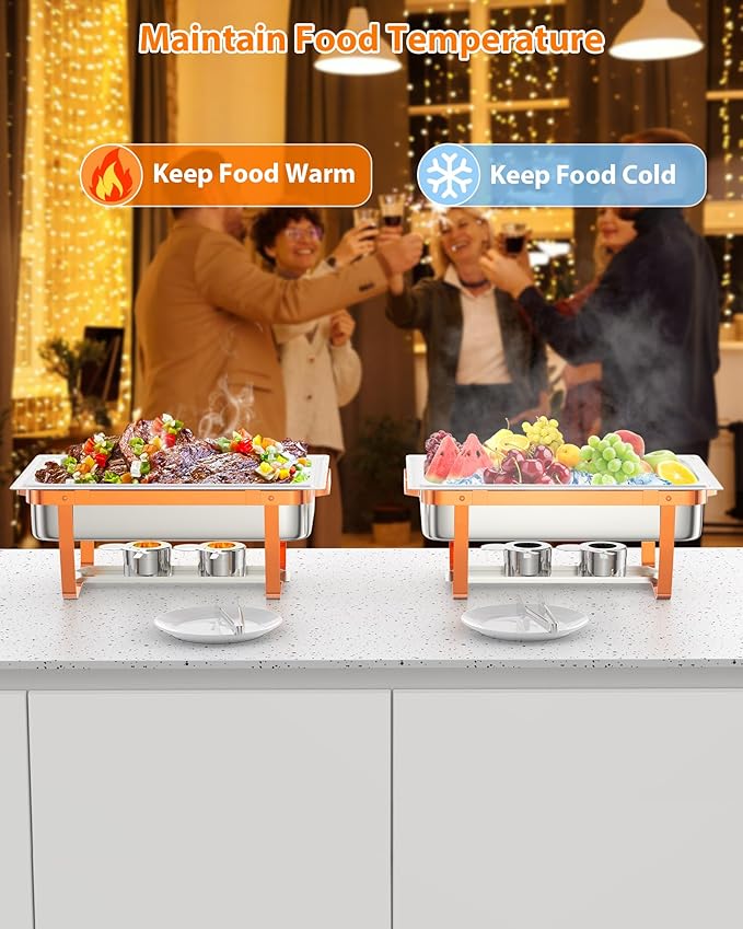 Commercial 8QT Chafing Dish Buffet Set - 2 Pack Rectangular Stainless Steel Food Warmers with Lid Holder Folding Frame Rose Gold Finish for Catering Party Restaurant Use 2-Piece Set