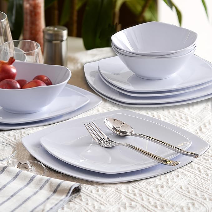 Melamine Dinnerware Sets Square Dinnerware Sets White Color Plates and Bowls Sets for 4 Unbreakable Dishwasher Safe BPA Free