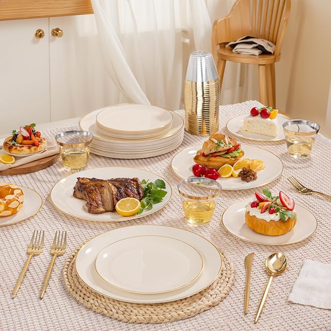 bUCLA 150PCS Ivory Plastic Plates with Gold Trim - Heavy Duty Cream Plastic Disposable for Party &amp Wedding - Include 25 Each（Dinner &amp Dessert） Plates 25 Knives 25 Forks 25 Spoons &amp 25 C