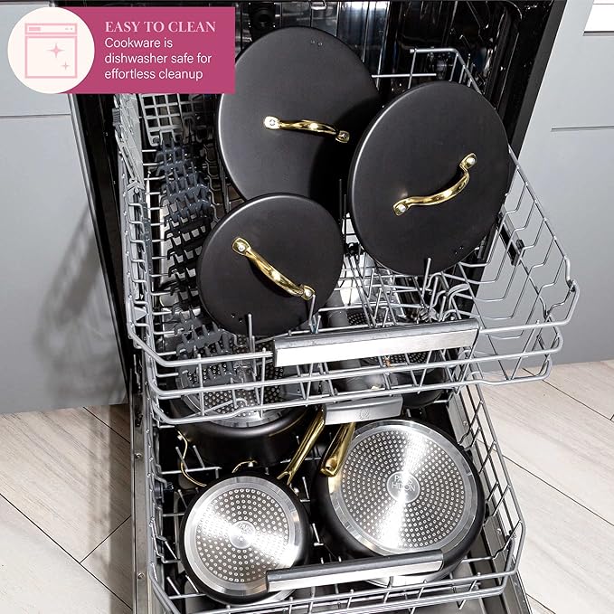 Paris Hilton Iconic Nonstick Pots and Pans Set Multi-layer Nonstick Coating Matching Lids With Gold Handles Made without PFOA Dishwasher Safe Cookware Set 10-Piece Black