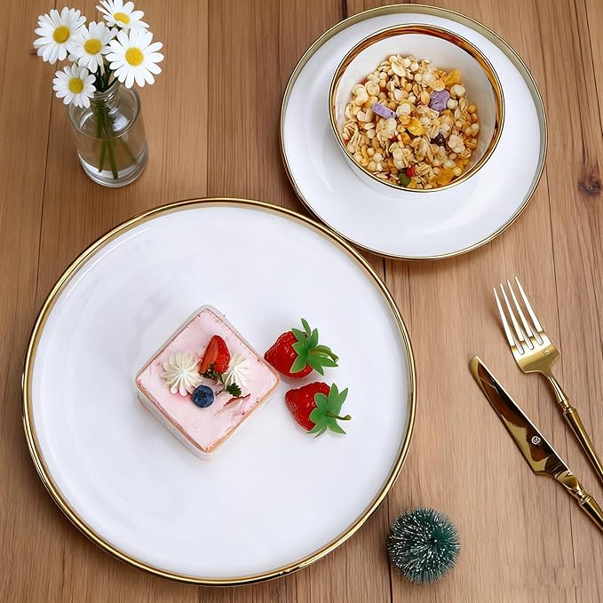 12 Pieces white and Gold Porcelain Dinnerware Set Plates and Bowls | Dinner and Salad Plates Ramen Bowls Dishes for 4 | Chip and Crack Resistant | Dishwasher &amp Microwave Safe Dishes Set