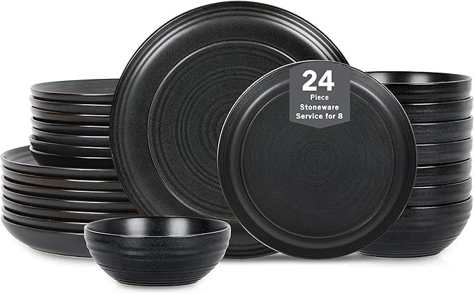 Stone Lain Elio 24-Piece Dinnerware Set Stoneware Plates and Bowls Set Dish Set for 8 Black