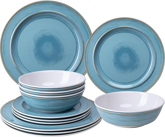12 Piece Melamine Dinnerware Sets Dinner Dishes Set Plates and Bowls Sets Service for 4 Indoor and Outdoor Use Lightweight UnbreakableDishwasher Safe