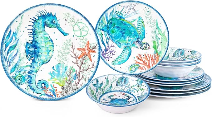 LEHAHA 12-Piece Melamine Beach Dinnerware Set Coastal Plates and Bowls Sets Oceanic Sea Life Dish Sets for 4 Great for Indoor Outdoor Dining on the Beach RV Camping or Cabin