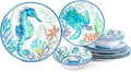 LEHAHA 12-Piece Melamine Beach Dinnerware Set Coastal Plates and Bowls Sets Oceanic Sea Life Dish Sets for 4 Great for Indoor Outdoor Dining on the Beach RV Camping or Cabin