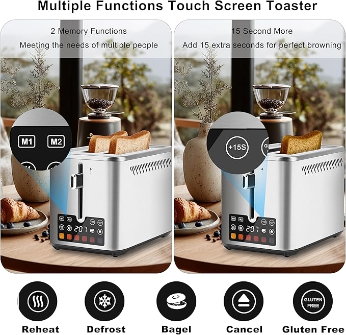 Touch Screen Toaster 2 Slice Bagel Toaster with LCD Display Stainless Steel Smart Digital Toasters with +15s BoostDual Memory FunctionsToasters with 6 Shade Settings &amp Extra-Wide Slots900W