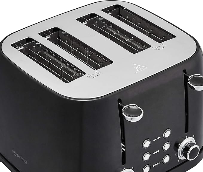 Amazon Basics 4 Slice Toaster 6 Browning Settings Removable Crumb Tray Bagel and Defrost Function Cancel Button 1600W Black