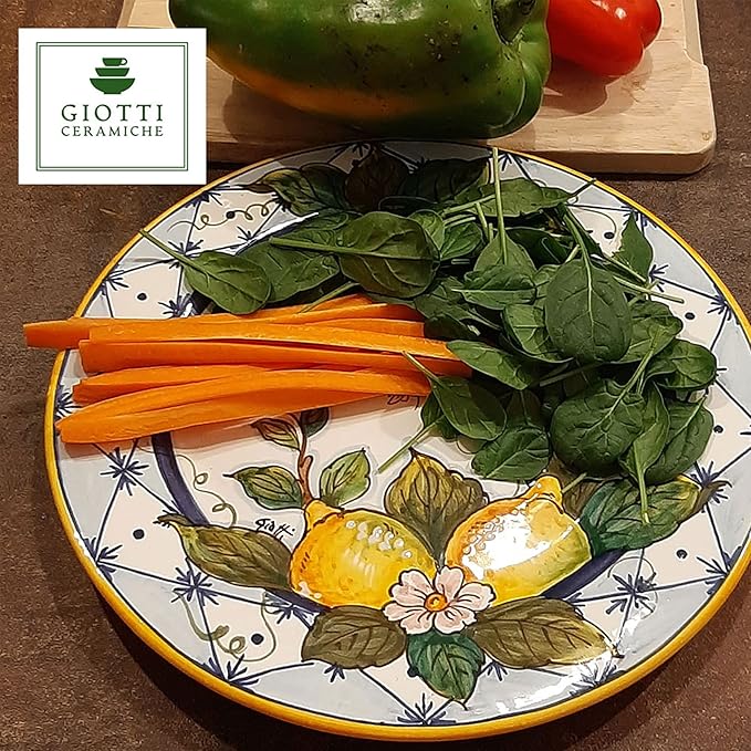 Hand-Painted Italian Ceramic Dinnerware Set - Service for 4 - Vibrant Ischia Lemon Design - Authentic Tuscan Pottery Plates for Everyday Dining &amp Kitchen Decor - Made in Italy