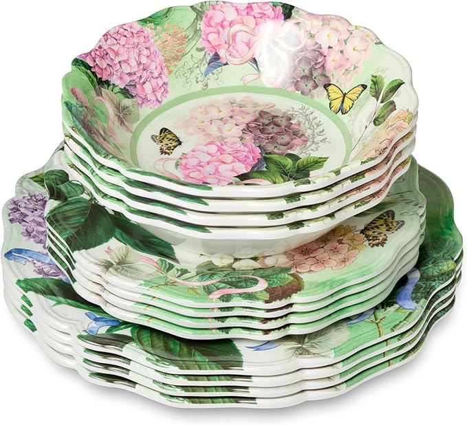 Garden Path Melamine 12-Piece Dinnerware Set - Hydrangea Design Service for 4 with Dinner Plates Salad Plates and Bowls - Durable Lightweight and Dishwasher-Safe
