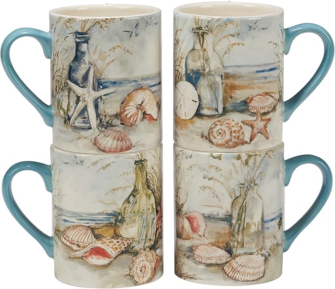Coastal Landscape 16 Piece Ceramic Dinnerware Set – Service for 4 with Beach-Themed Dinner Plates Salad Plates Bowls &amp Mugs – Ocean-Inspired Tableware for Everyday or Coastal Entertaining