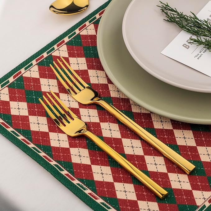 Alata Cube Gold 20-Piece Flatware Set Forged Cutlery Set Mirror Finish Silverware Service for 4 Stainless Steel Tableware with Square Handle for Home/Restaurant Dishwasher Safe