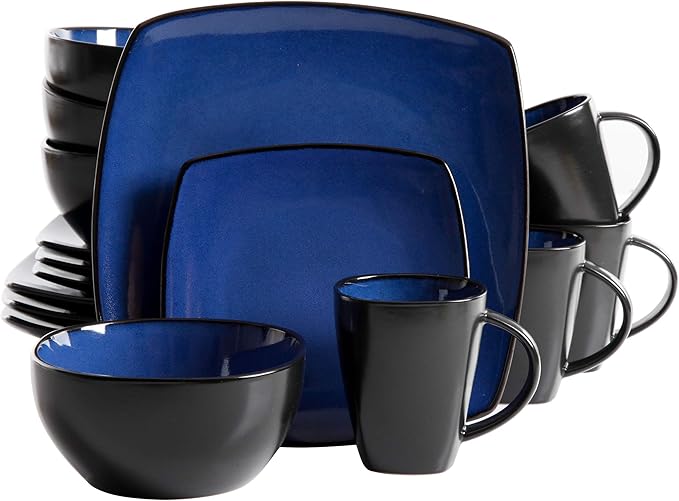 Gibson Elite Soho Lounge Square Reactive Glaze Stoneware Dinnerware Set Service for 4 (16pc) Sapphire