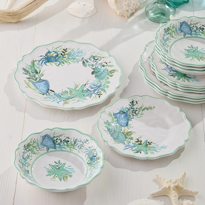 Sea Glass 12 Pc. MELAMINE DINNERWARE SET SERVICEfor 4 coastal mix‑and‑match plates and bowls with ocean motifs ideal for indoor outdoor dining beach homes patios poolside meals