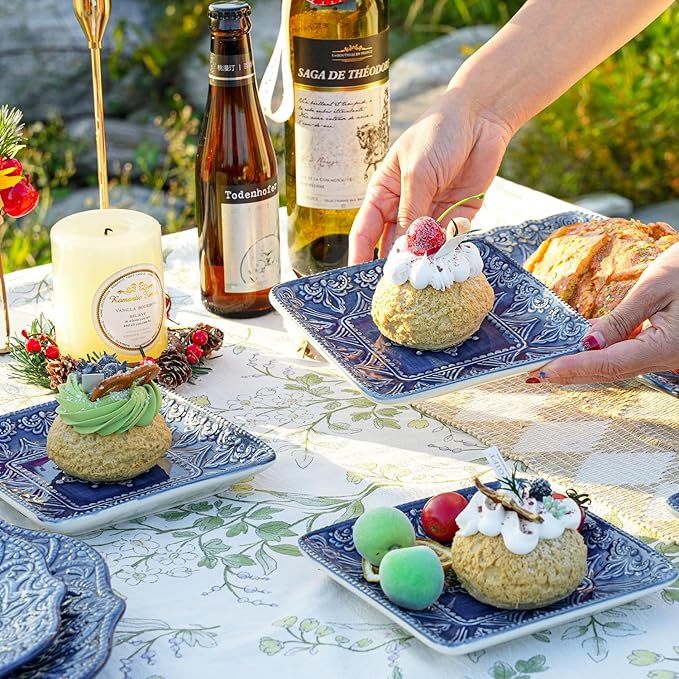 Sungmor Embossed Stoneware Fine Dining Dinnerware Antique Baroque Style Porcelain 6 Inch Square Appetizer Plates Set of 4 Sophisticated Ceramic Small Dinner Plates Serving Dish for Dessert Salad