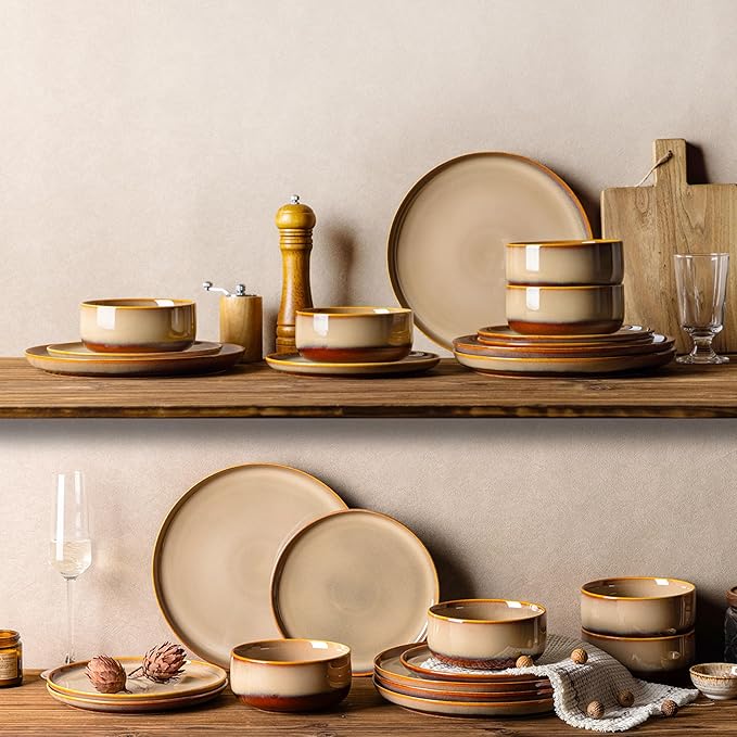 TheTerra Ceramic Dinnerware Sets for 4 12 Pieces Handmade Reactive Glaze Plates and Bowls Set Scratch Resistant Dish Set Oven &amp Microwave &amp Dishwasher Safe Creamy Amber