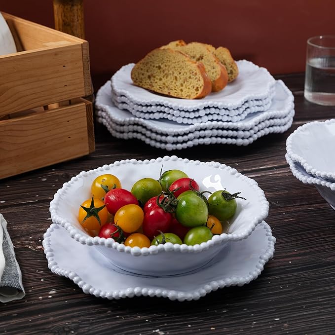 12-Piece White Beaded Melamine Dinnerware Sets – Chip-Resistant Plates &amp Bowls Farmhouse Dining Set includes 4 dinner 4 Salad and 4 Bowl – Ideal for RV Cabin Daily Use