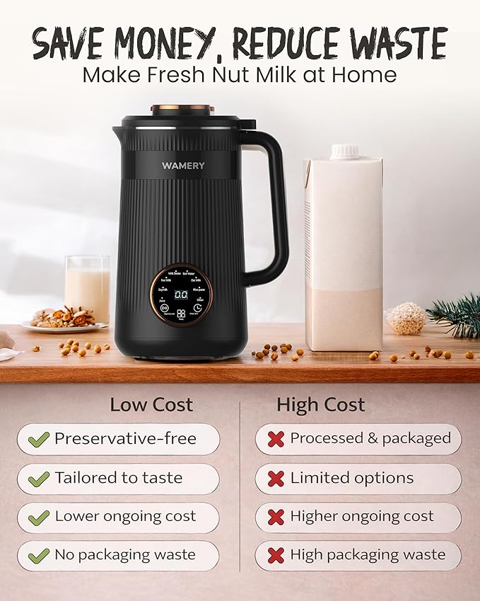 Wamery 32oz Nut Milk Machine (Black) - Soy Milk Maker for Almond &amp Oat Blender Automatic Heated Programs Self‑Cleaning Delay Start Keep Warm &amp Boil Water 1‑Liter Capacity with Starter Ki