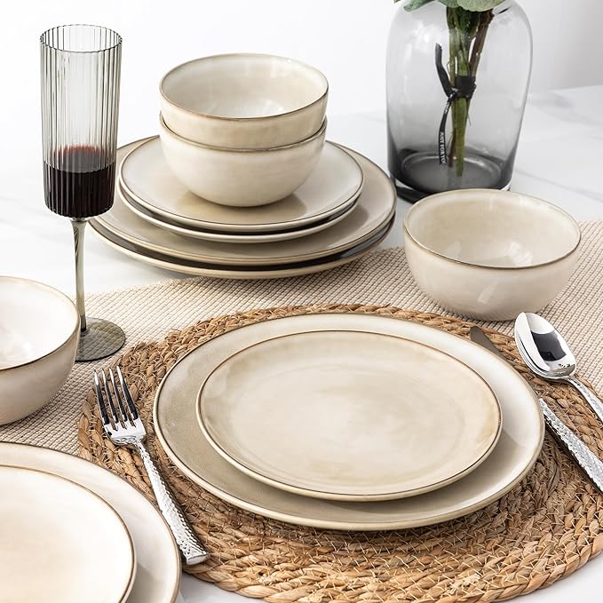 AmorArc Ceramic Dinnerware Sets for 4 12 Pieces Handpainted Plates and Bowls Set with Reactive Glaze Scratch Resistant Stoneware Dishes Set Dishwasher &amp Microwave Safe (16pc)