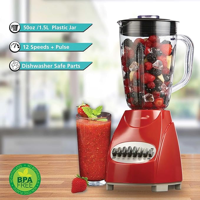 12-Speed Countertop Blender with Pulse Function – 50oz BPA-Free Jar Stainless Steel Blades Ice Crusher &amp Smoothie Maker 350W Kitchen Blender (Red)
