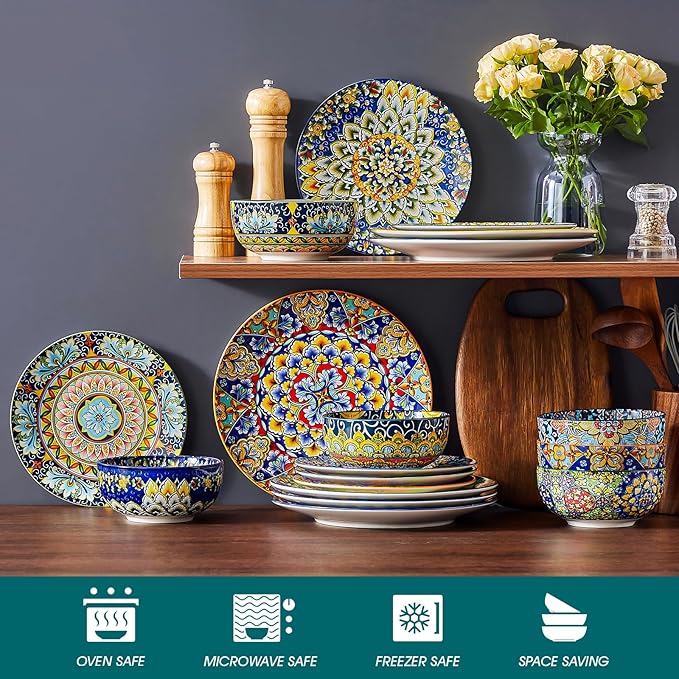 vancasso 18 Pieces Dinnerware Sets Plates and Bowls Set Porcelain Dishes Set for 6 Microwave and Dishwasher Safe Scratch Resistant Bohemian Style Dining Ware Service for 6 Series SIMI