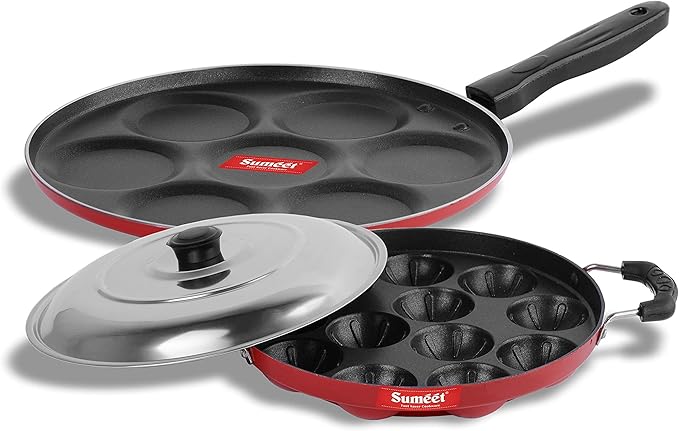 Sumeet 2.6mm Thick Non-Stick Currant Cookware set (Multi snack maker – 26.5cm Dia + Grill Appam Patra With Lid – 23cm Dia)