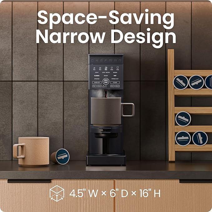 Chefman Caffeinator Single Serve Coffee Maker Brew Kcups &amp Grounds Drip Coffee Machine with Brew Strength Settings Iced Coffee Function 48 oz. Removable Water Reservoir