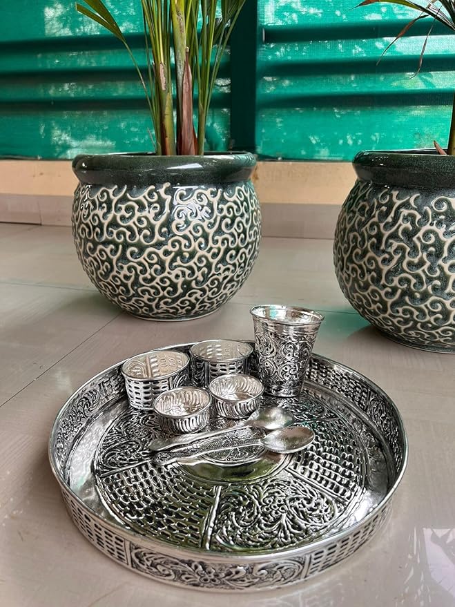 German Silver Antique Finish Dinner Set/BHOG THAAL/Pooja thali Set for Diwali/Housewarming poooja
