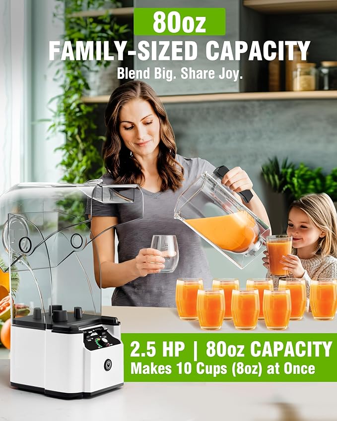 WantJoin Quiet Blender - Kitchen Blender with Soundproof 2.5 HP Copper Motor 80oz Jar Multifunctional Silent Blenders for Smoothies Juice Soups Sauce w/ 15 Speeds Stainless Steel 6-blade Combo