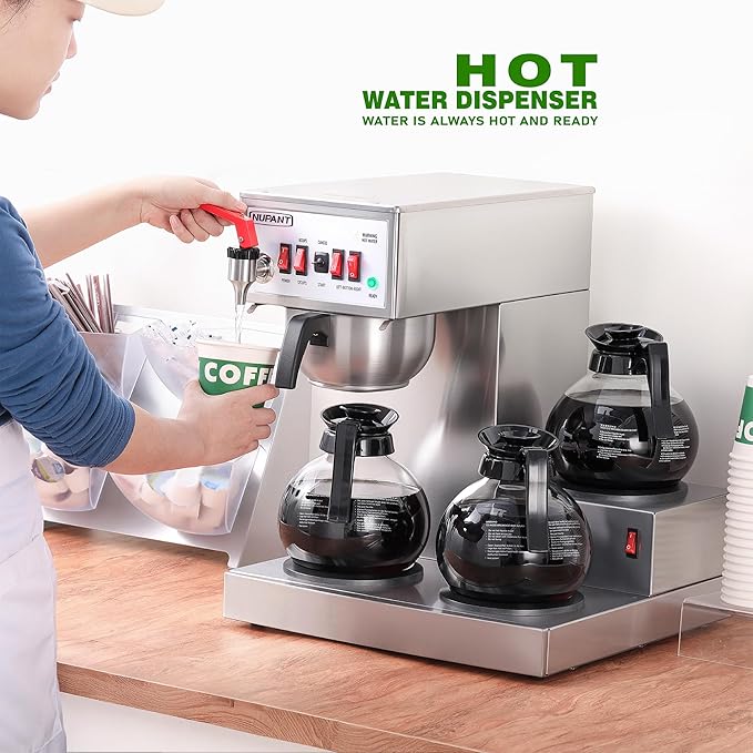 12 Cup Commercial Coffee Maker Auto Filling Drip Coffee Maker Machine with 3 Glass Carafes 3 Warmers Stainless Steel Pour Over Coffee Brewer with Hot Water Supply for Restaurant Office Cafe