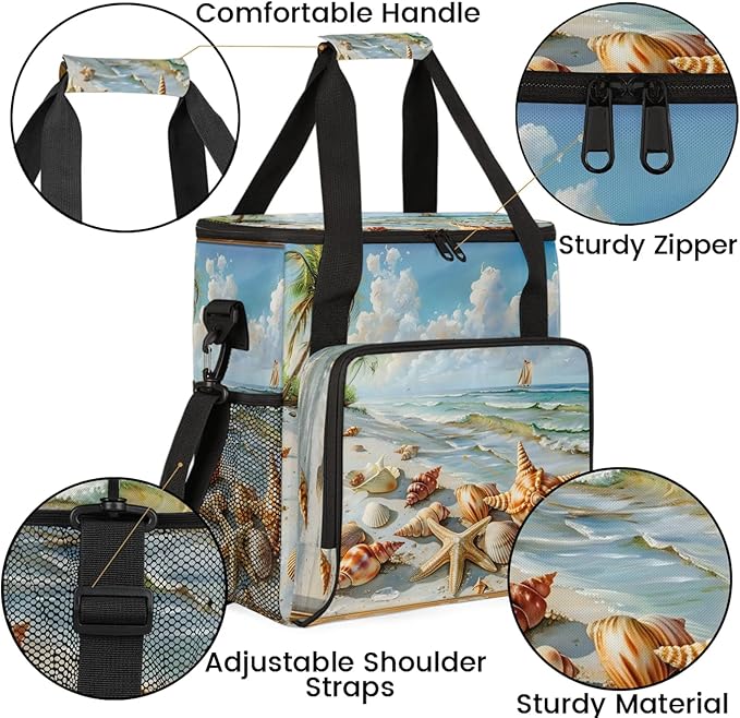 Ocean Beach Starfish Seashell Travel Coffee Maker Carrying Bag Large Organizer Storage Tote Bag Insulated Reusable Cooler Grocery Bags