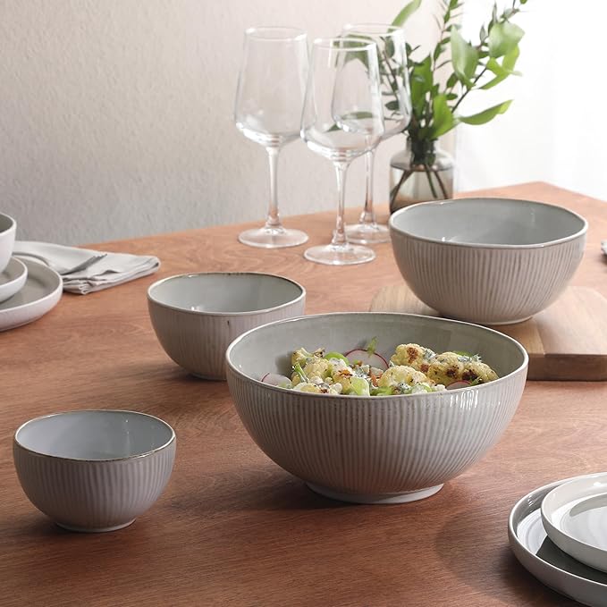 Gibson Elite Sandy Pines 4 Piece Nesting Bowl Set 4” 5.5” 7” &amp 9” Round Stoneware Bowls Reactive Glaze Finish Taupe Mixing Prep &amp Serving Bowls Microwave &amp Dishwasher Safe