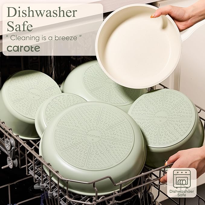 CAROTE 25pcs Pots and Pans Set Non Stick Cookware Sets Kitchen Set Oven/Dishwasher/Fridge Safe Space Saving Pots Set Nonstick Set with Versatile Detachable Handle Induction RV Set Green