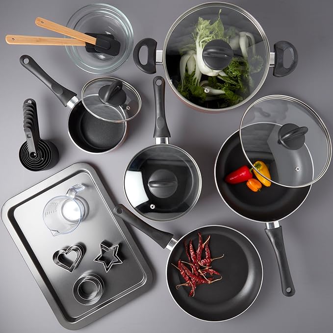 Basic Essentials 29-Piece Nonstick Cookware Pots Pans Set Baking Sheet Cookie Cutters Mixing Bowl Measuring Cups &amp Spoon Copper