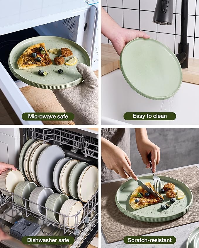 Famiware Star Dinnerware Set Plates and Bowls Sets for 4 (12pcs) Ribbed Stoneware Dishes - Chip &amp Scratch Resistant Microwave &amp Dishwasher Safe Matte Sage Green