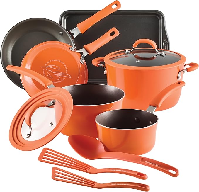 Rachael Ray Cook + Create Nonstick Pots and Pans Set with Universal Space-Saving Lids Baking Pan/Cookie Sheet and Kitchen Cooking Tools Cookware Set 11 Piece - Orange