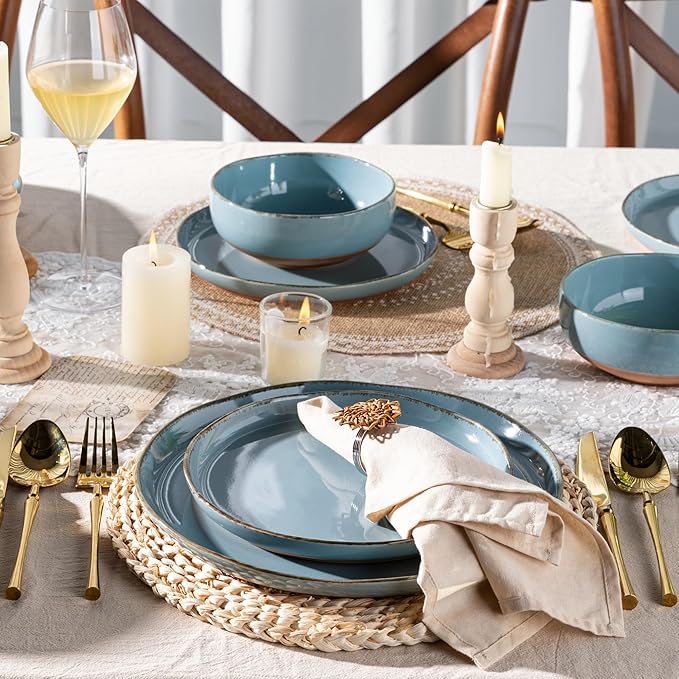 AmorArc Ceramic Dinnerware Sets for 4 12 Pieces Handpainted Plates and Bowls Set with Rustic Terracotta Underside Scratch Resistant Stoneware Dishes Set Dishwasher &amp Microwave Safe