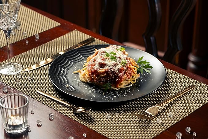 Nomnu Spiderweb Dinnerware Set (12 Pieces) - 4 Dinner Plates 4 Salad Plates 4 Bowls - Black Matte Porcelain Goth Dinnerware Set - Halloween Spooky Creepy Dishes Gothic Gifts