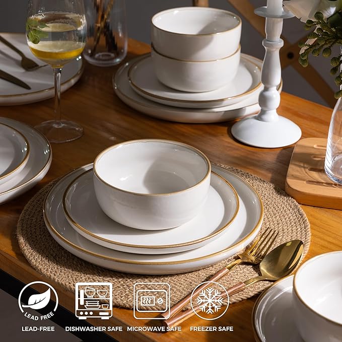 GBHOME Ceramic Dinnerware Sets for 4 12 Pieces Stoneware Plates and Bowls Sets Scratch Resistant Dishes Dishwasher &amp Microwave Safe Reactive Glaze-White